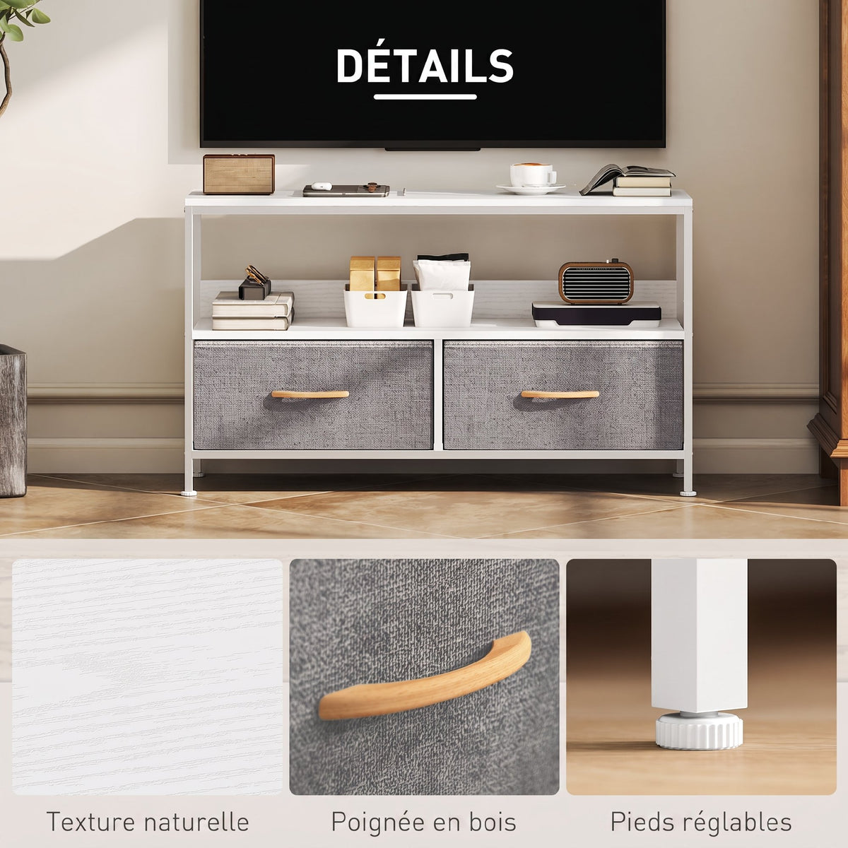 Meuble TV, meuble télé pour téléviseur jusqu'à 47 pouces avec 2 tiroirs et pieds en acier, 98 x 29 x 56 cm, gris clair