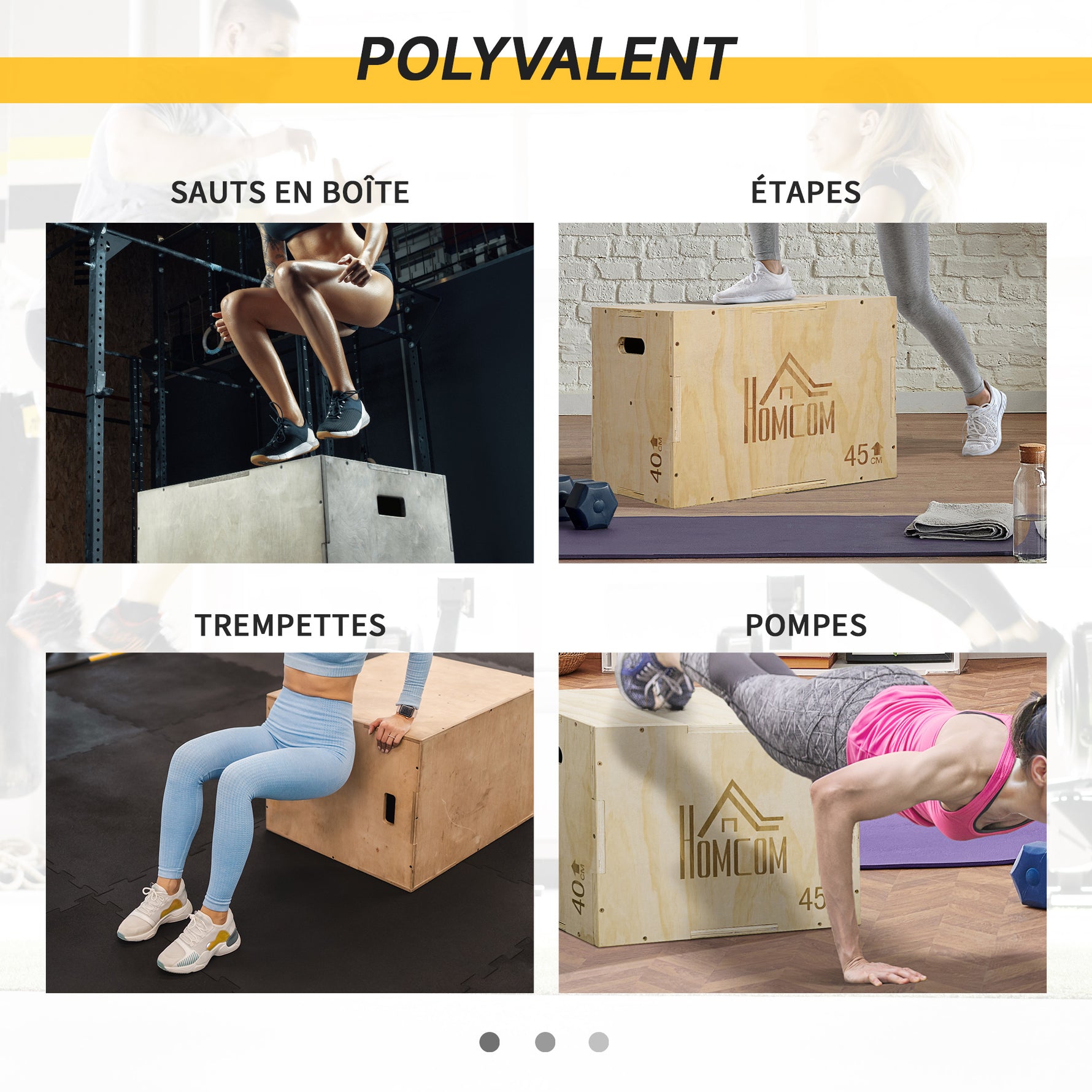 Box jump pliométrie 3 en 1 appareil boîte à saut musculation fitness & entraînement croisé plyobox pour box training 40/45/60 cm en bois