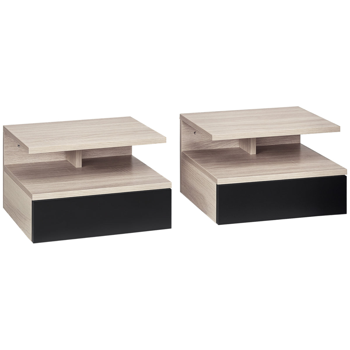 Lot de 2 Tables de Chevet murales - Lot de 2 Tables de Nuit - tiroir Coulissant, Niche, Plateau - Noir Chêne