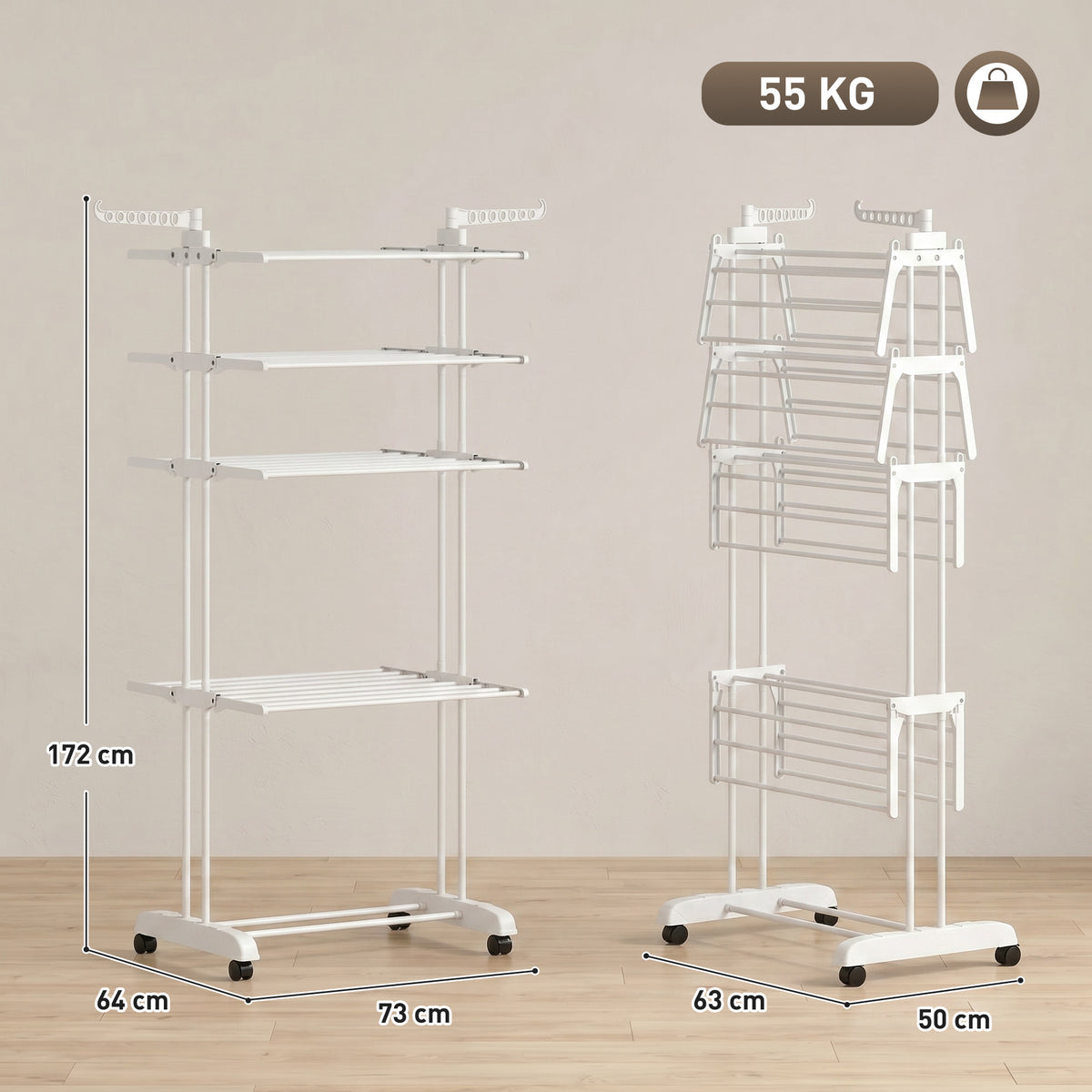 Séchoir à linge pliable 4 niveaux avec roulettes, étendoir linge intérieur avec ailes latérales, cadre en acier, blanc