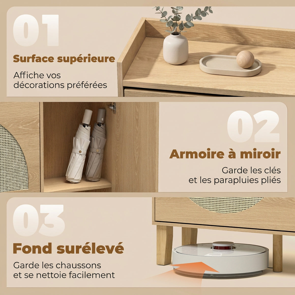 Meuble à Chaussures 10 Paires, Armoire à Chaussures, Porte en Miroir, 2 Tiroirs Rabattables et Étagères Réglables, Chêne