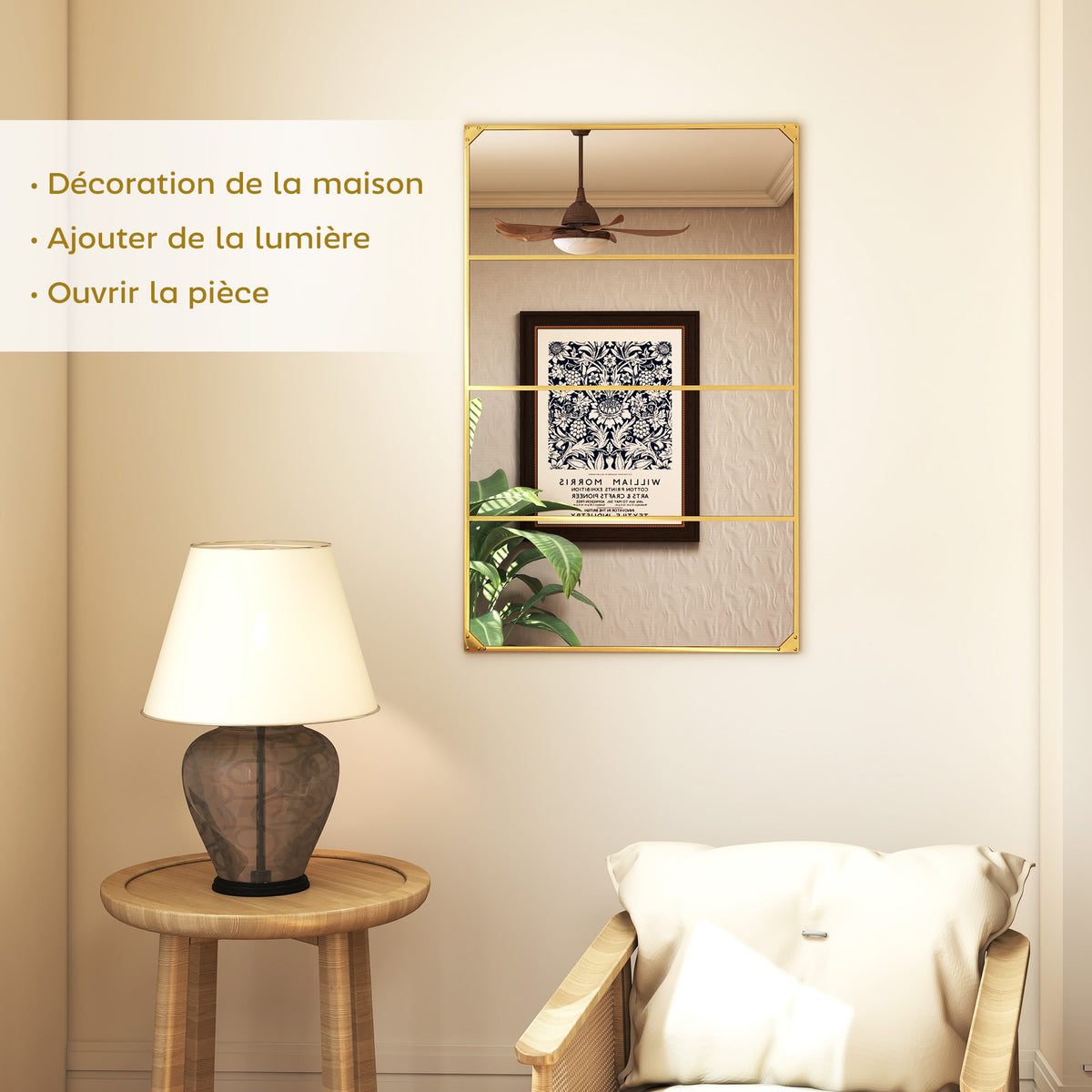 Espejo de pared tipo ventanal rectangular estilo industrial, horizontal o vertical con 4 ganchos, en metal dorado 109 x 69 cm