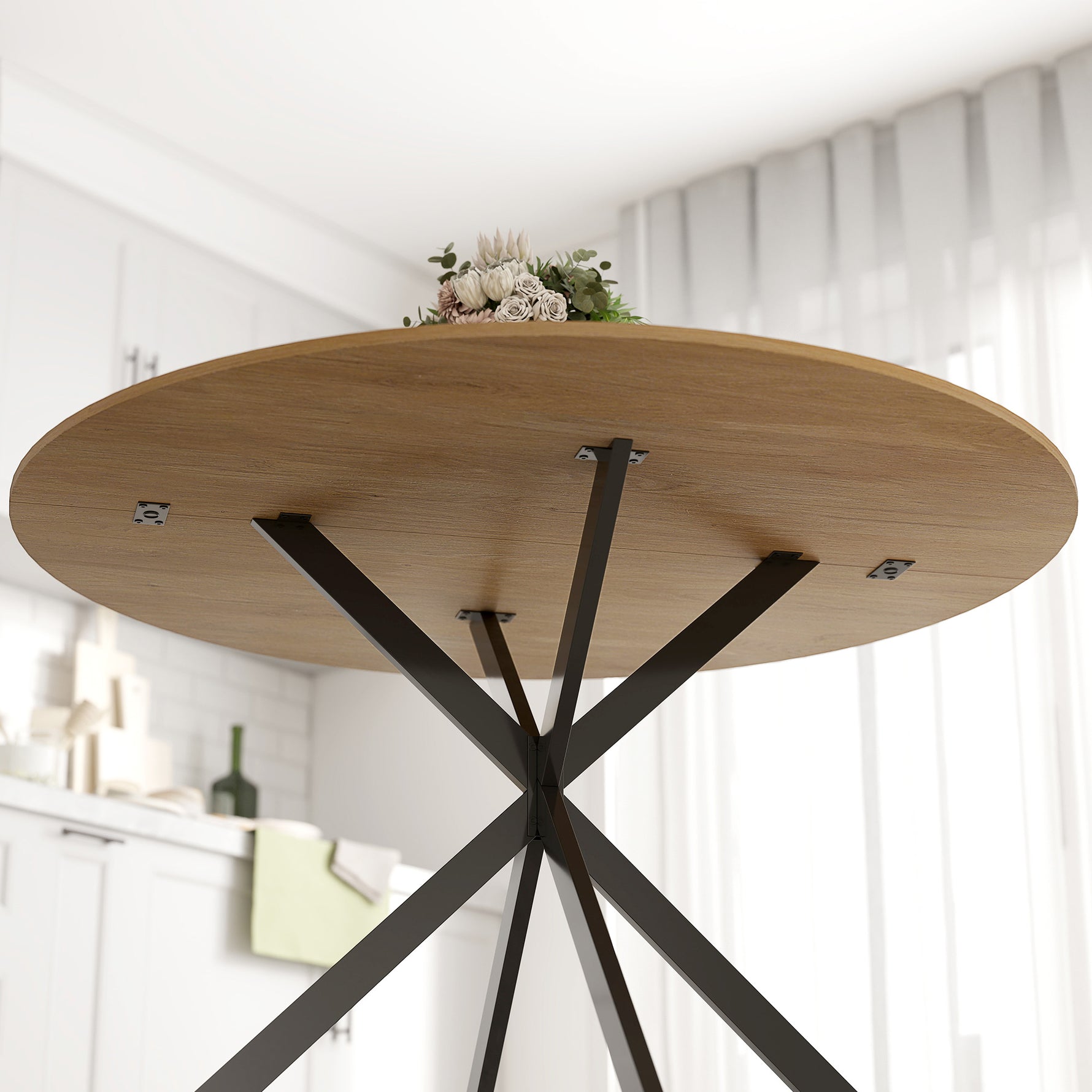 Table à manger ronde pour 4 personnes 120 cm style industriel avec plateau aspect bois, piètement croisé en acier, chêne