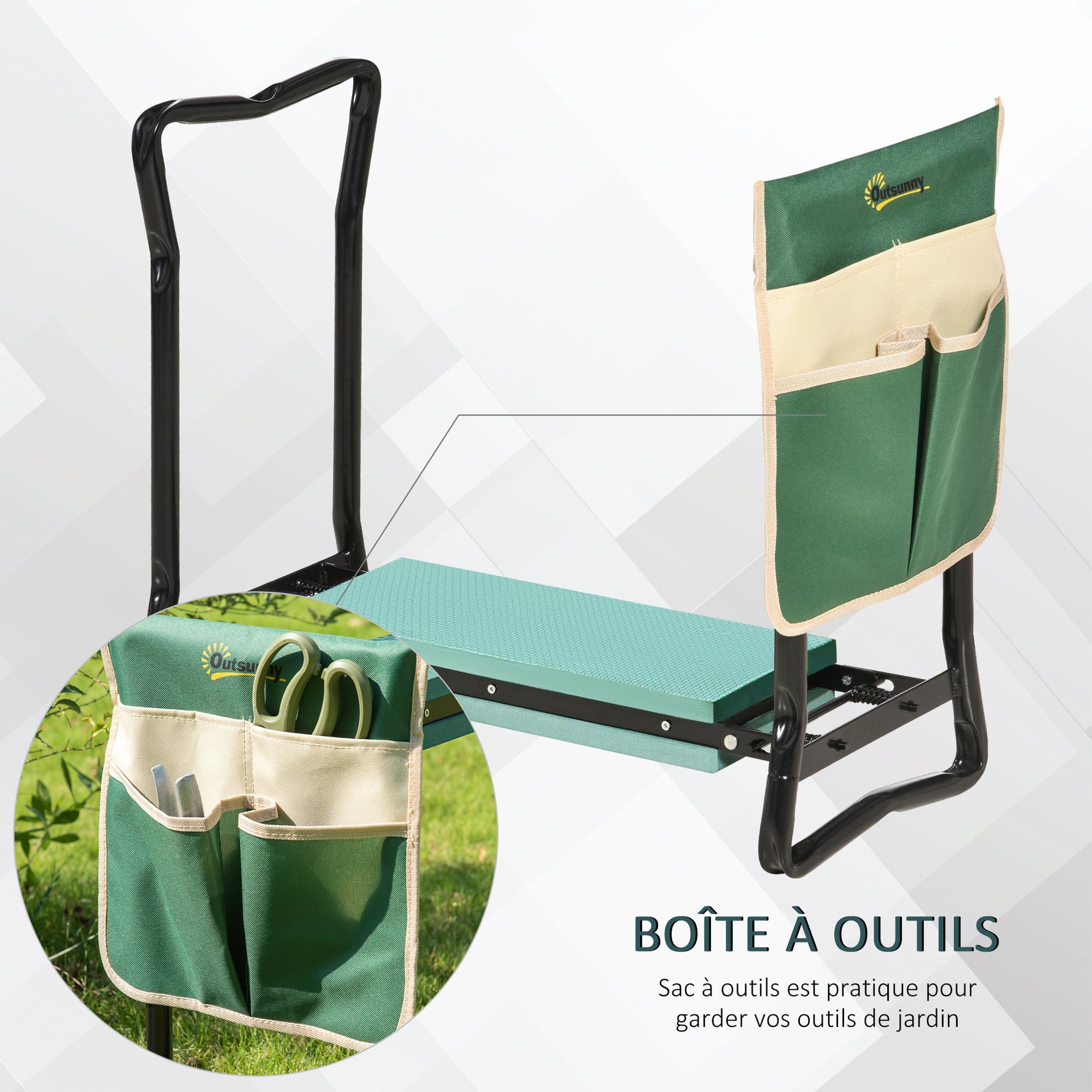 Tabouret de Jardin Pliable agenouilloir de Jardin siège Jardinage avec Coussin Pochette Rangement Outils Vert