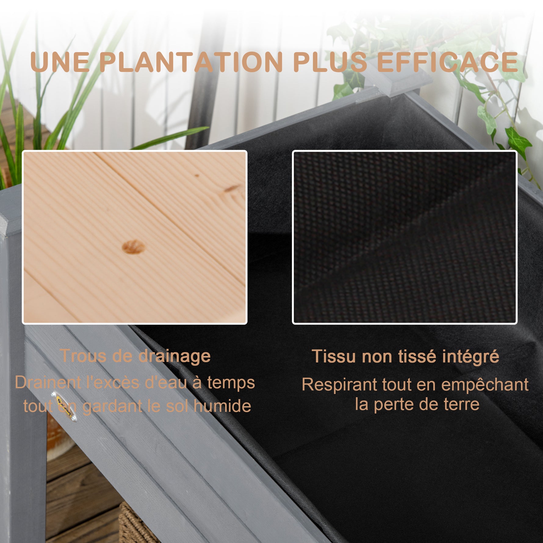 Jardinière sur Pieds Potager dim. 122,5L x 56,5l x 76H cm Inserts d'irrigation + Feutre de Drainage Bois Massif Sapin