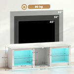 Meuble TV avec éclairage LED pour télévision jusqu'à 70 pouces, 160cm avec étagères en verre réglables, blanc