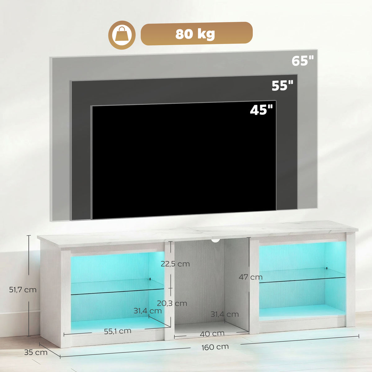 Meuble TV avec éclairage LED pour télévision jusqu'à 70 pouces, 160cm avec étagères en verre réglables, blanc