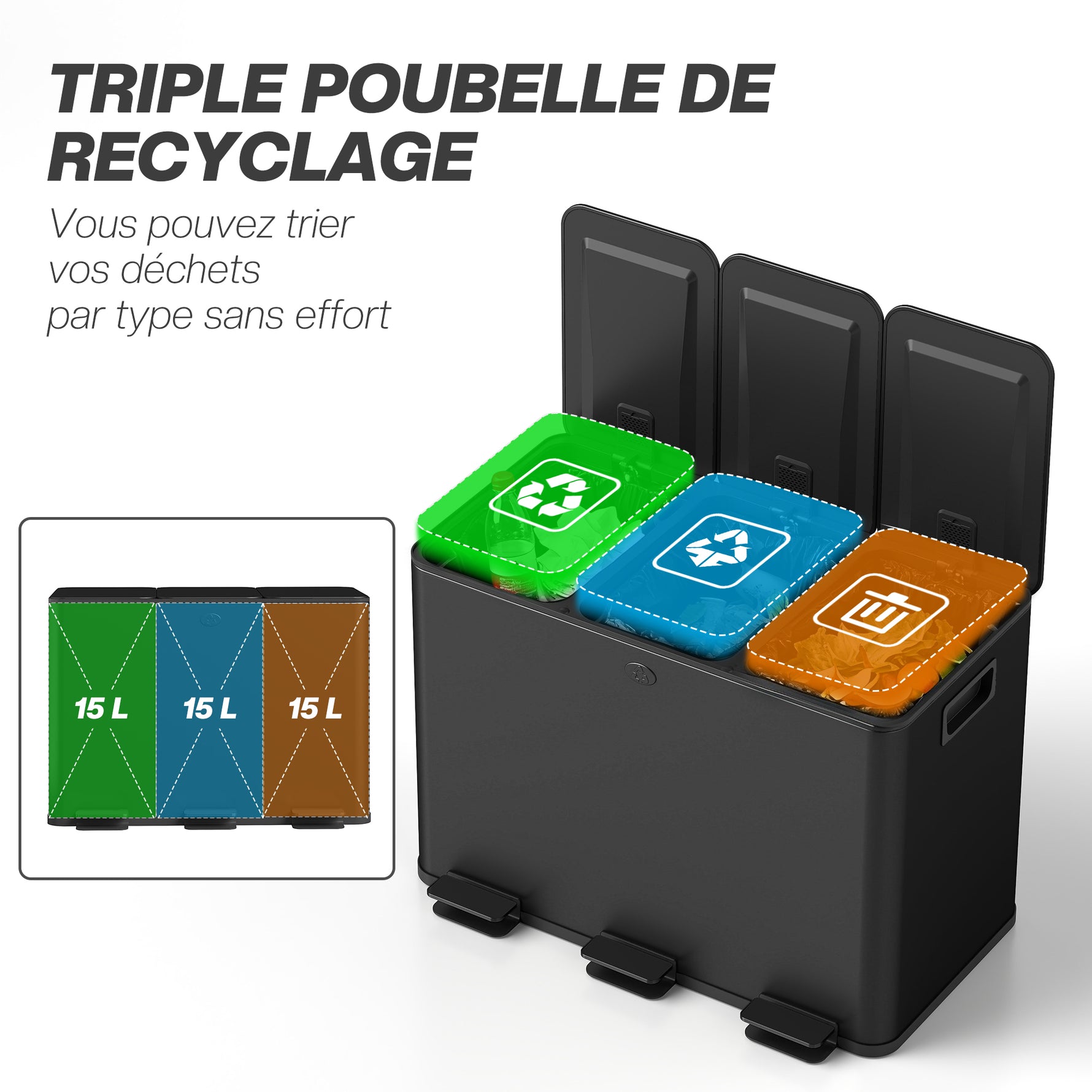 Poubelle de cuisine 45L avec 3 compartiments de 15L, couvercle, seaux intérieurs amovibles, 3 x 15L, noir