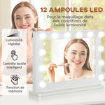 Miroir maquillage Hollywood lumineux 12 LED tactile - luminosité réglable, fonction mémoire - métal MDF blanc verre