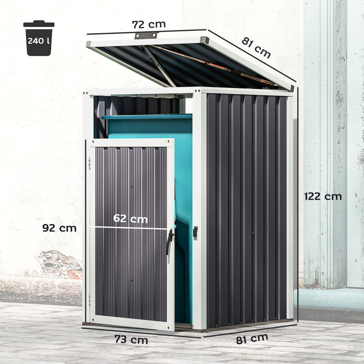 Abri pour 1 poubelle 240L cache poubelle extérieur couvercle relevable 180° acier galvanisé 73 x 81 x 122 cm gris foncé