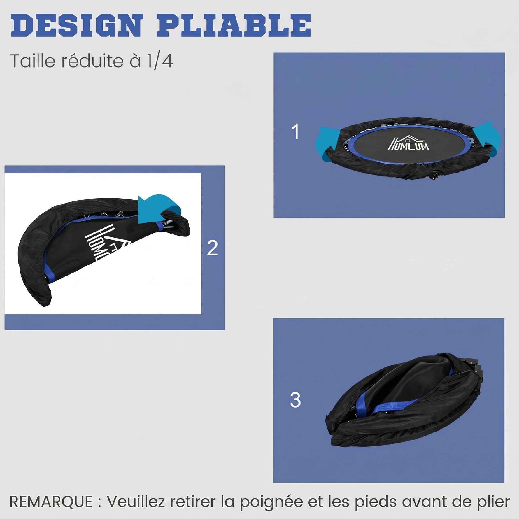 Trampoline de fitness gymnastique avec poignée réglable, pliable, 6 pieds, 28 ressorts Ø 102 cm, noir bleu