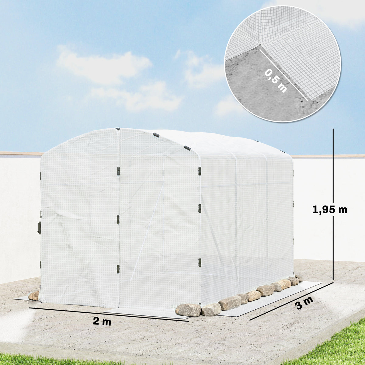 Serre tunnel de jardin 6m², serre de jardin tunnel 300x200x195cm bâche PE 220g/m² bords prolongés 50 cm avec porte blanc