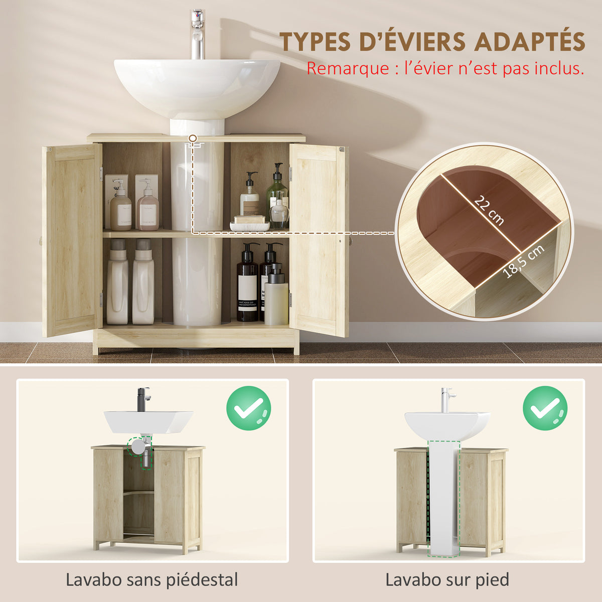 Meuble Salle de Bain sous Lavabo, Meuble sous-Vasque, Placard 2 Portes avec Étagère, 60x30x60cm, Chêne