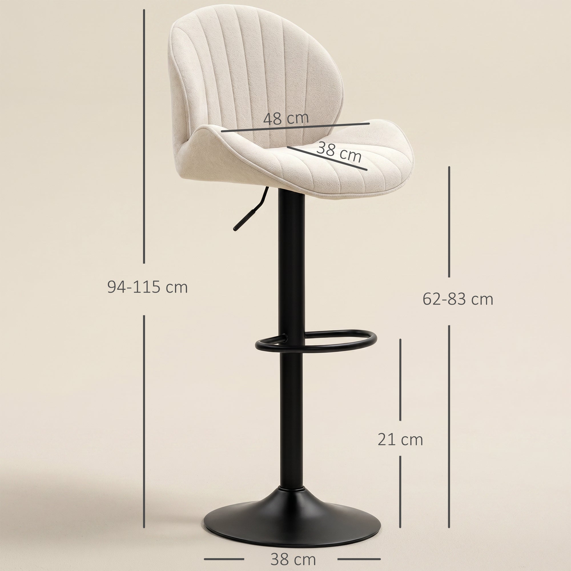 2er-Set Barhocker in Muschelform, mit Rückenlehne, höhenverstellbar und Fußstütze, Stahlgestell, beige
