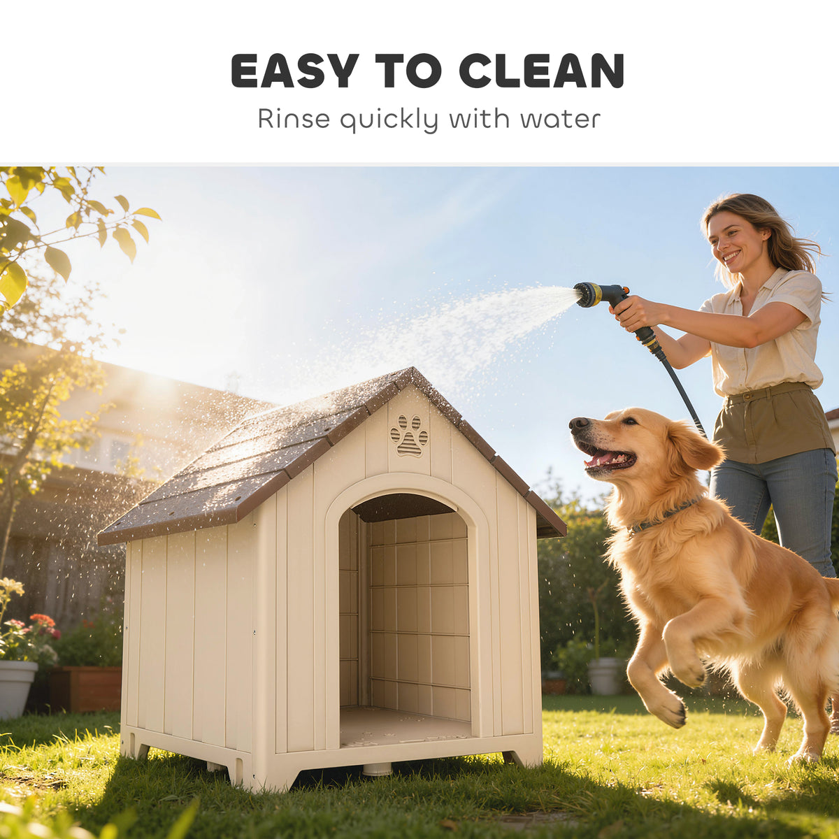 Hundehütte für den Außenbereich, wetterfeste Hundehütte aus Polypropylen, belüftet, erhöhter Boden, beige