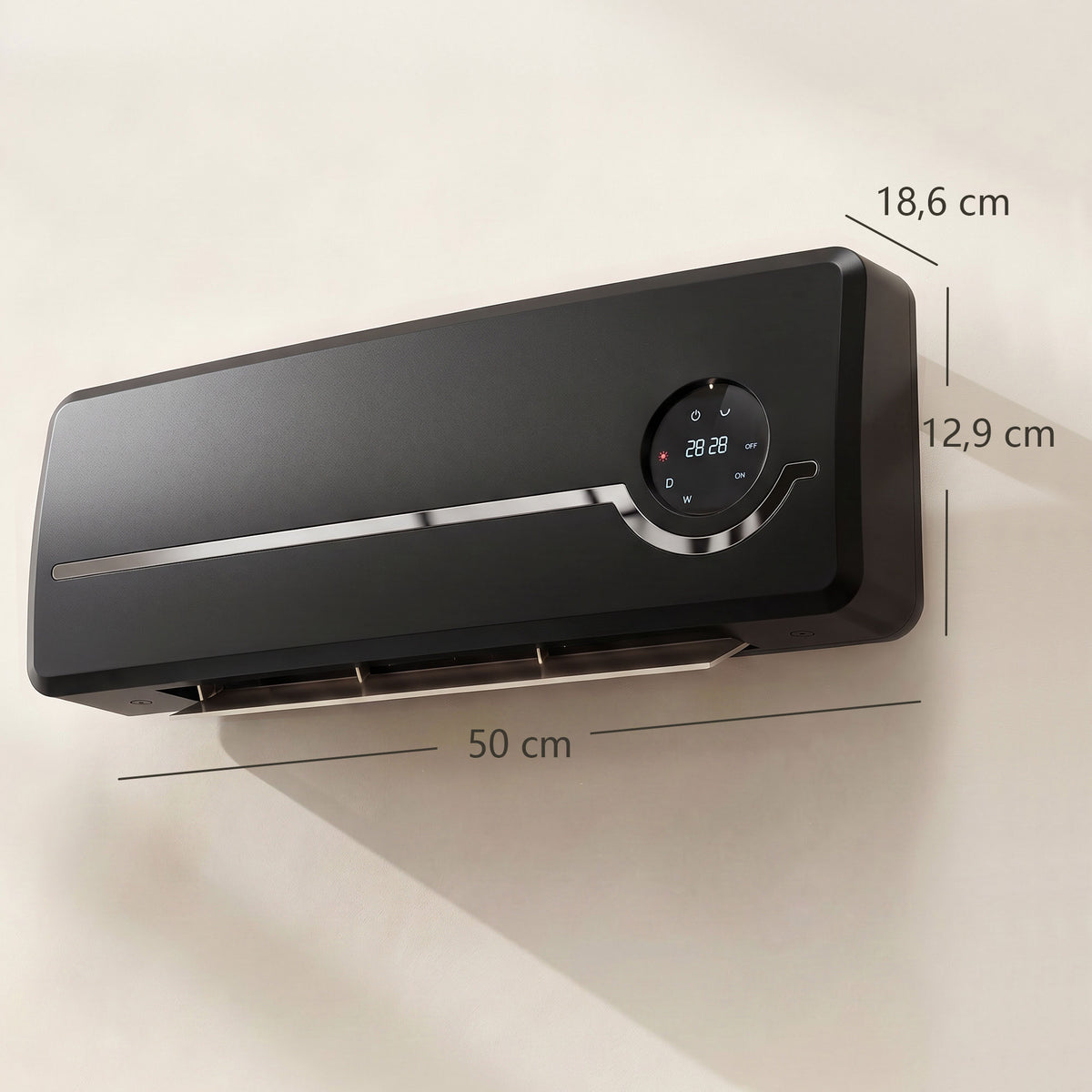 Keramik-Wandheizgerät 1000/2000W, Elektroheizung, Ventilator, Thermostat, Timer, 50x18,6x12,9cm, schwarz