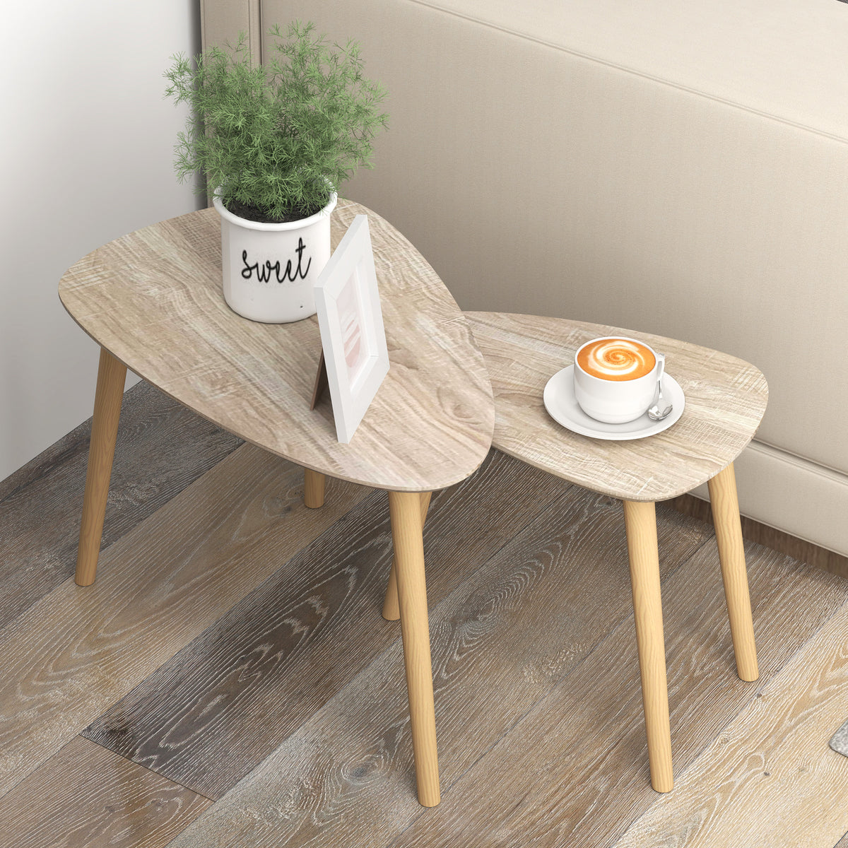 Lot de 2 tables basses gigognes design scandinave pieds en bois et plateau en bois, aspect naturel
