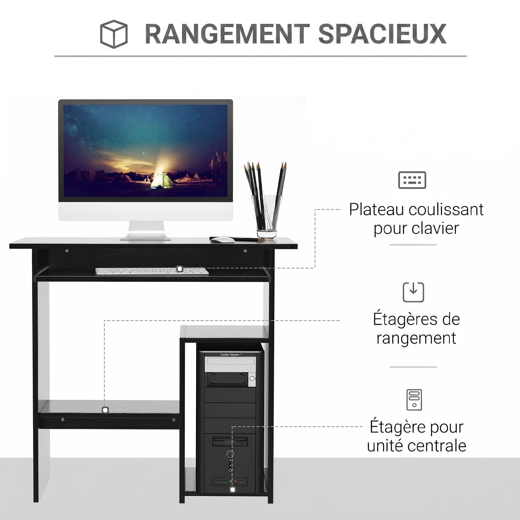 Bureau d'ordinateur, bureau avec rangement, plateau pour clavier et support de moniteur, 80 x 45 x 75 cm, noir