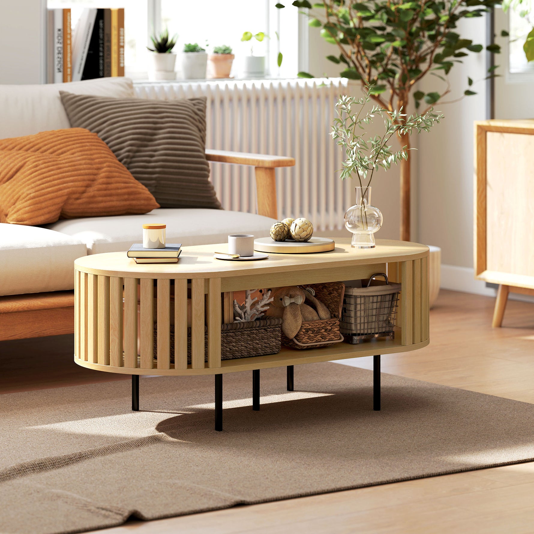 Table basse ovale, table de salon avec rangement, coins arrondis, design lattes, 100 x 50 x 40 cm, effet bois naturel