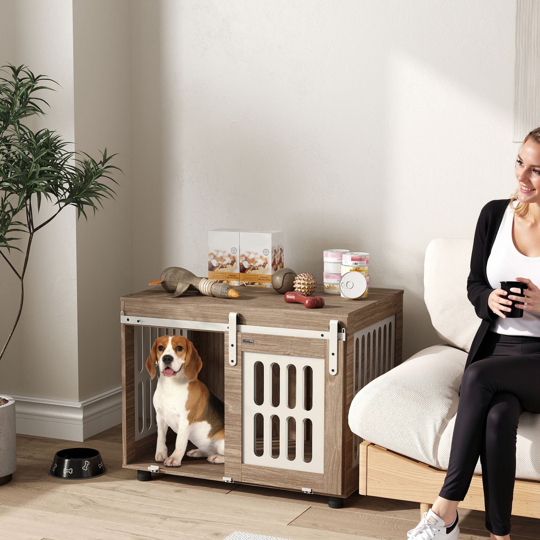 Meuble cage pour chien avec porte coulissante, maison pour chien de moyenne, table d'appoint, 80 x 59 x 63 cm, noyer