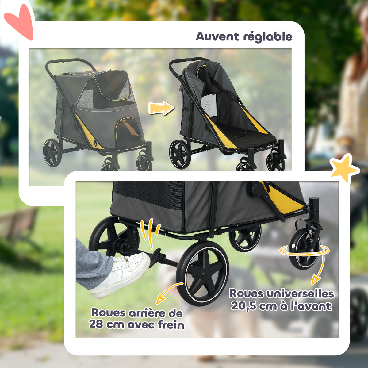 Poussette chien chariot pour chat 4 roues pliage en un clic laisse de sécurité charge 30 kg 112 x 67 x 100 cm gris foncé