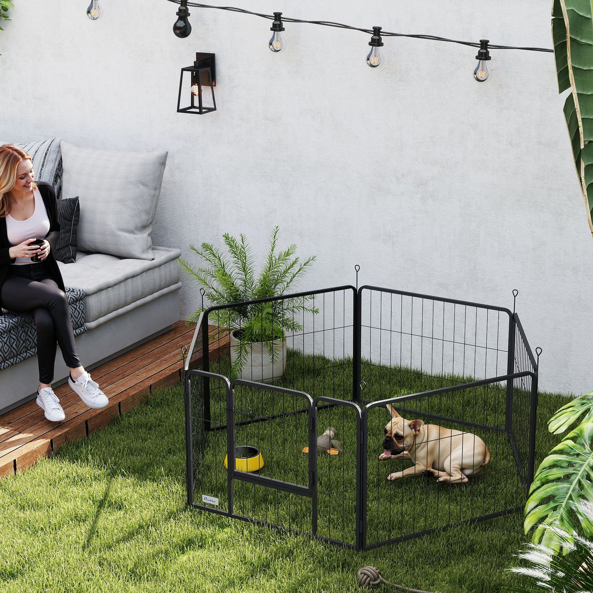 Dog playpen, 6-panel modular and foldable dog enclosure, portable steel with door 80 x 60 gray