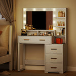Tocador con espejo y 9 luces LED, 4 cajones y 6 compartimentos abiertos, 100 x 40 x 138 cm, blanco
