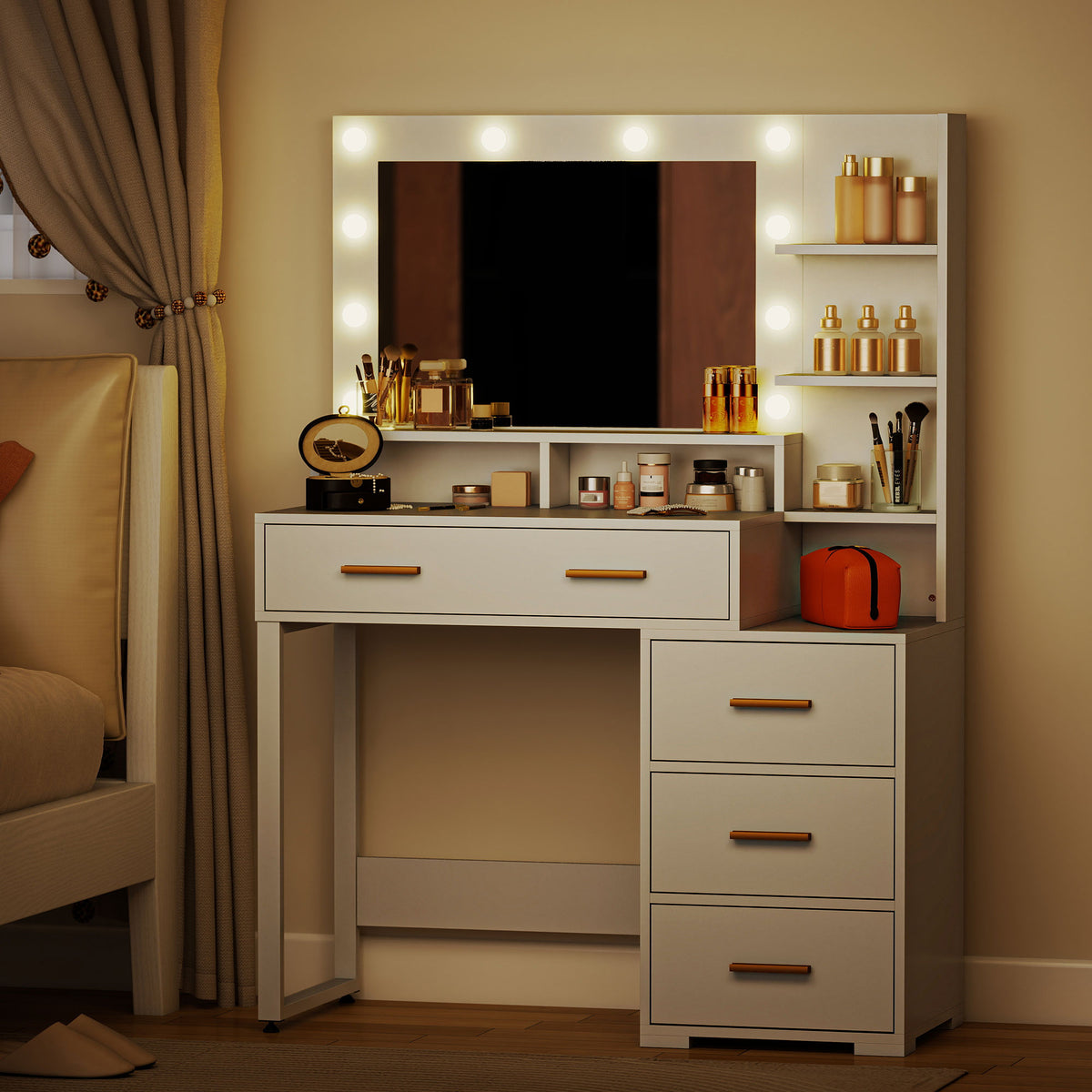 Tocador con espejo y 9 luces LED, 4 cajones y 6 compartimentos abiertos, 100 x 40 x 138 cm, blanco
