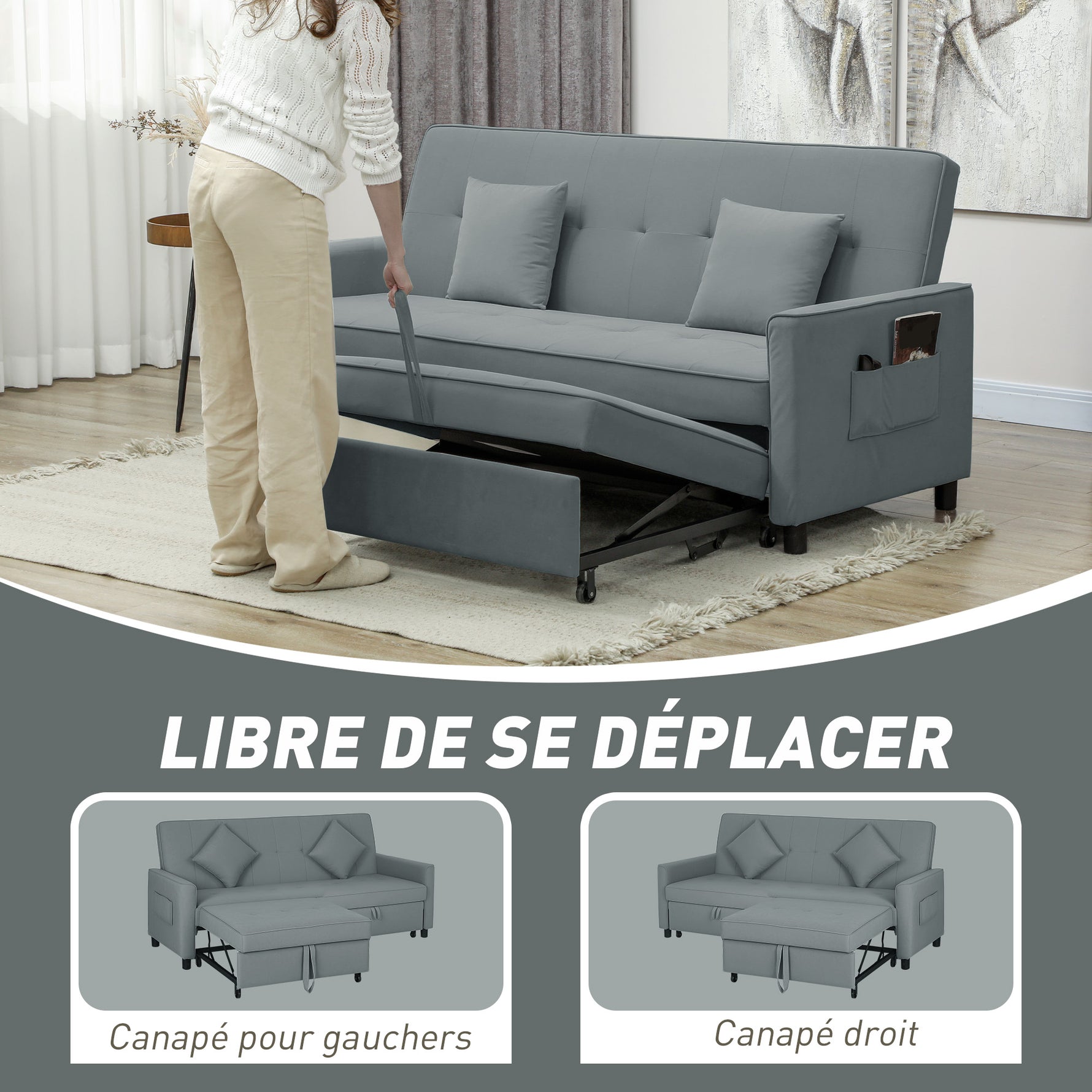 Canapé convertible 3 places canapé-lit clic-clac réversible avec dossier réglable et coussins, 196 x 90 x 89 cm, gris