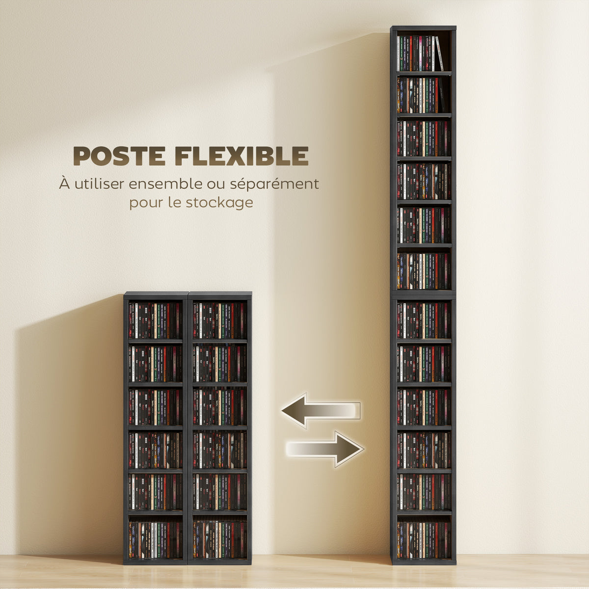 Lot de 2 étagères colonnes armoire de rangement CD-DVD 12 compartiments 21 x 22,5 x 88,5 cm capacité 204 CD noir