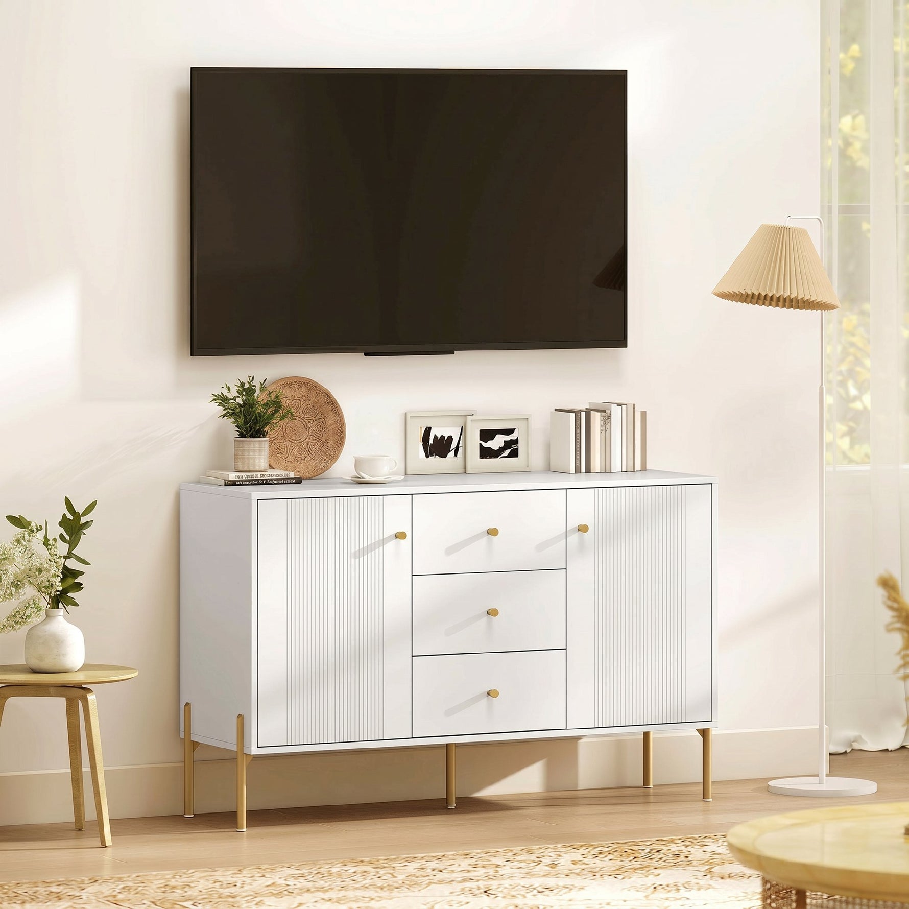 Buffet cuisine, meuble de rangement avec 2 portes, 3 tiroirs silencieux, 2 étagères réglables, 5 pieds en acier, blanc