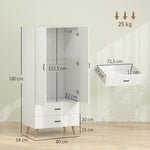Armoire chambre penderie 2 portes à fermeture douce, 2 tiroirs et barre de suspension, 80x54x180cm, blanc