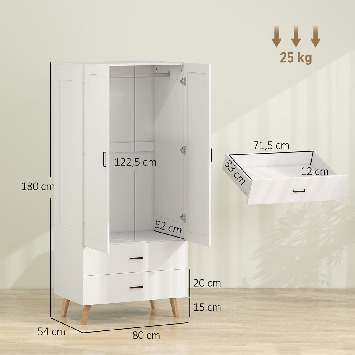 Armoire chambre penderie 2 portes à fermeture douce, 2 tiroirs et barre de suspension, 80x54x180cm, blanc