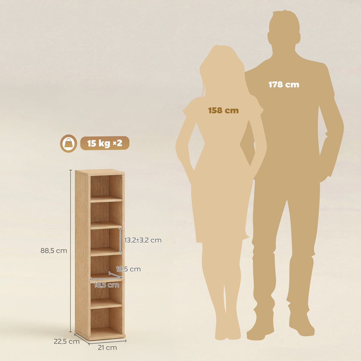 Lot de 2 étagères colonnes armoire de rangement CD-DVD 12 compartiments 21 x 22,5 x 88,5 cm capacité 204 CD bois naturel