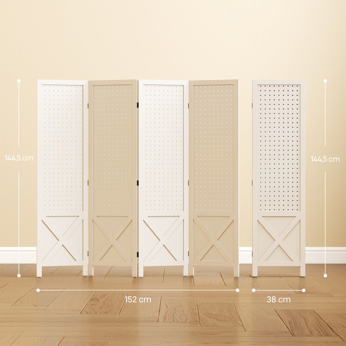 Paravent intérieur en bois 4 panneaux séparateur de pièce pliable panneau perforé 152 x 1,7 x 144,5 cm blanc