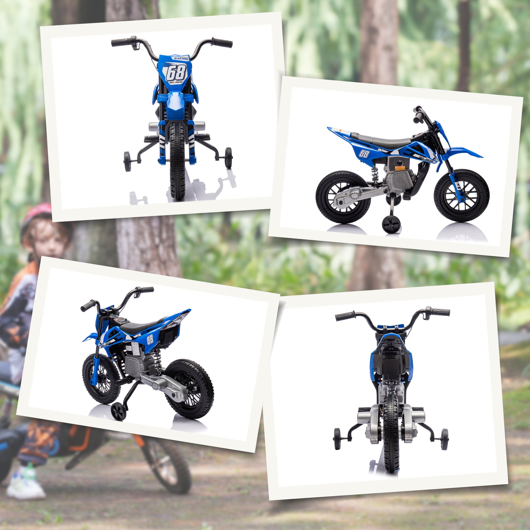 Moto électrique pour enfant moto cross pour enfants de 3 à 6 ans 2 moteurs 12V vitesse 5 km/h 109,5x60x72,5cm bleu