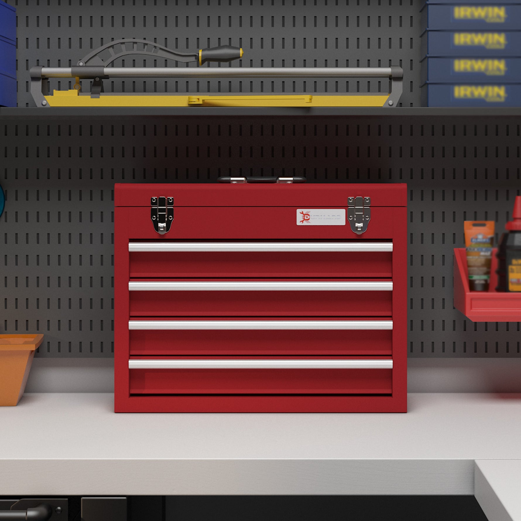 Boite à outils métallique coffret à outils caisse à outils 4 tiroirs + plateau tôle acier 51 x 22 x 39,5 cm rouge