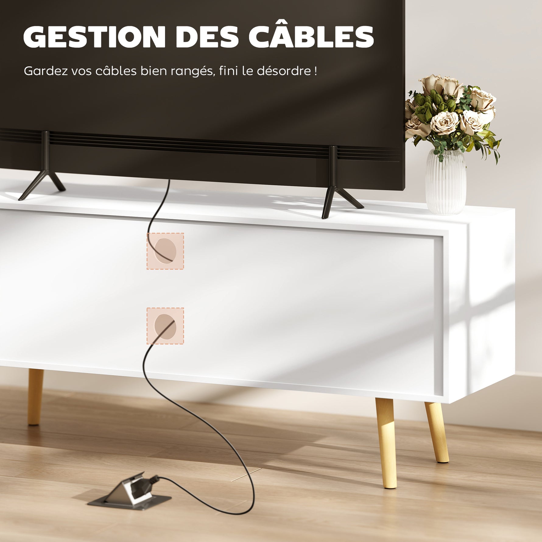 Meuble TV style scandinave 2 portes 2 niches passe-fils piètement bois pin panneaux blanc - 120 x 34 x 50 cm blanc