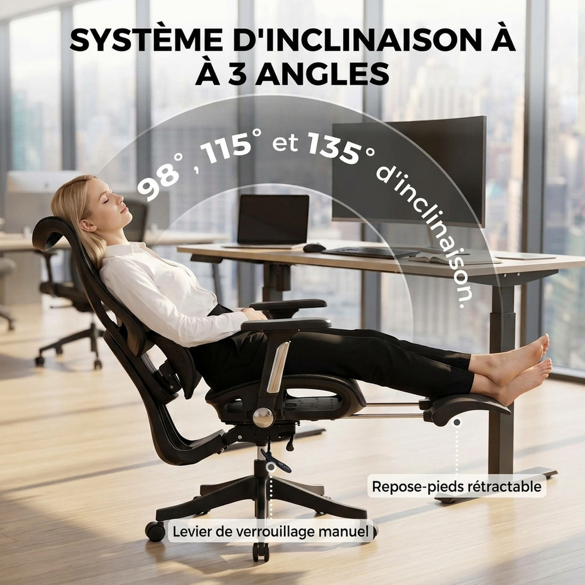 Ergonomic Office Chair, Reclining Mesh Desk Chair, Lumbar Support, 4D Armrests, Black