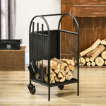 Range-bûches porte bûches sur roulettes avec accessoires pelle balai et tisonnier 37,5 x 37,5 x 80 cm noir