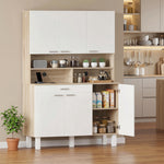 Buffet haut cuisine, armoire de cuisine, 6 portes, tiroir et étagères ouvertes, 120x40x175cm, blanc et bois naturel