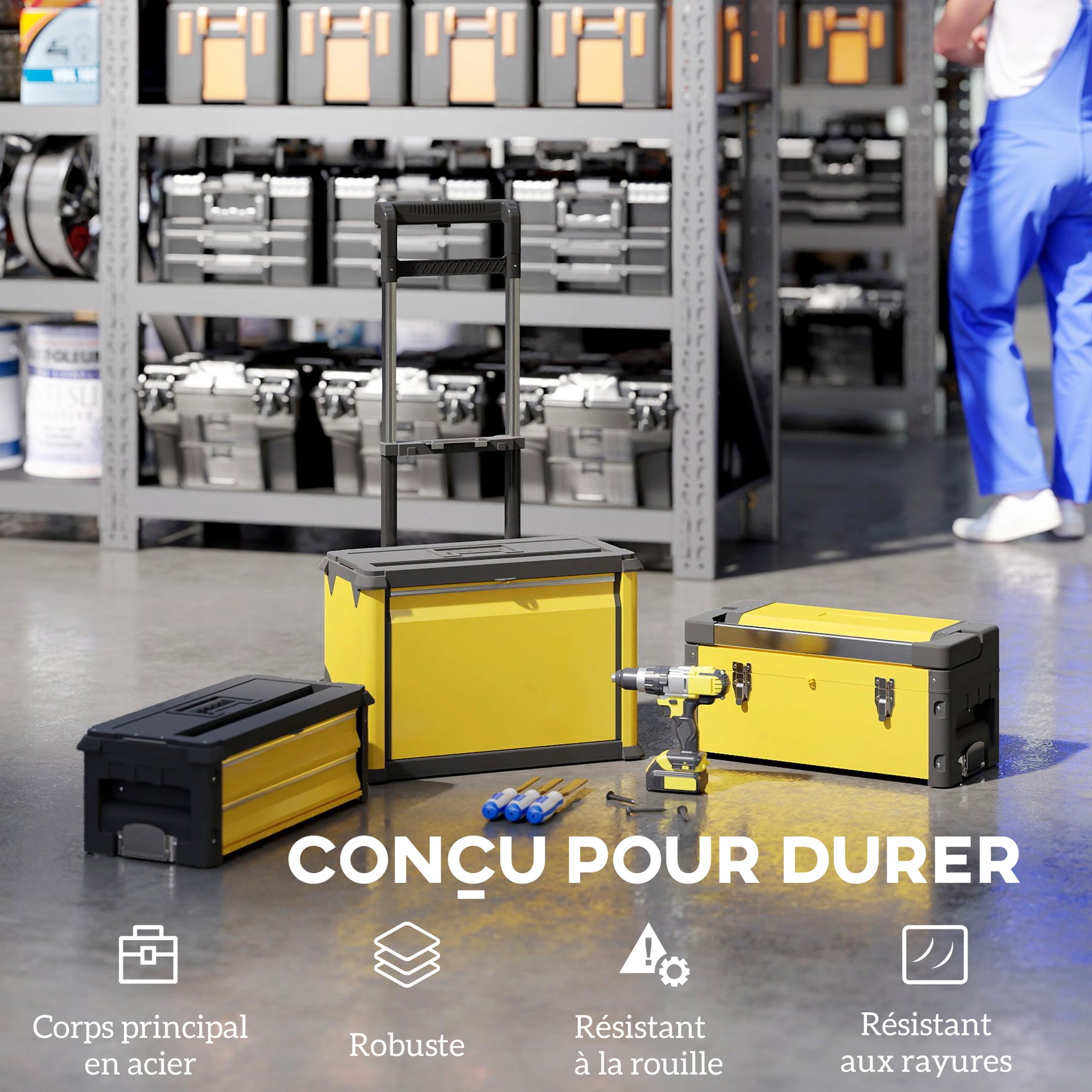 Lot de 3 boîtes à outils sur roulettes empilables et modulaires en acier avec plateau, poignées et serrure, jaune