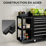 Servante d'Atelier en Acier à 7 Tiroirs, Chariot à Outils sur Roulettes avec Étagère Latérale Amovible, Noir
