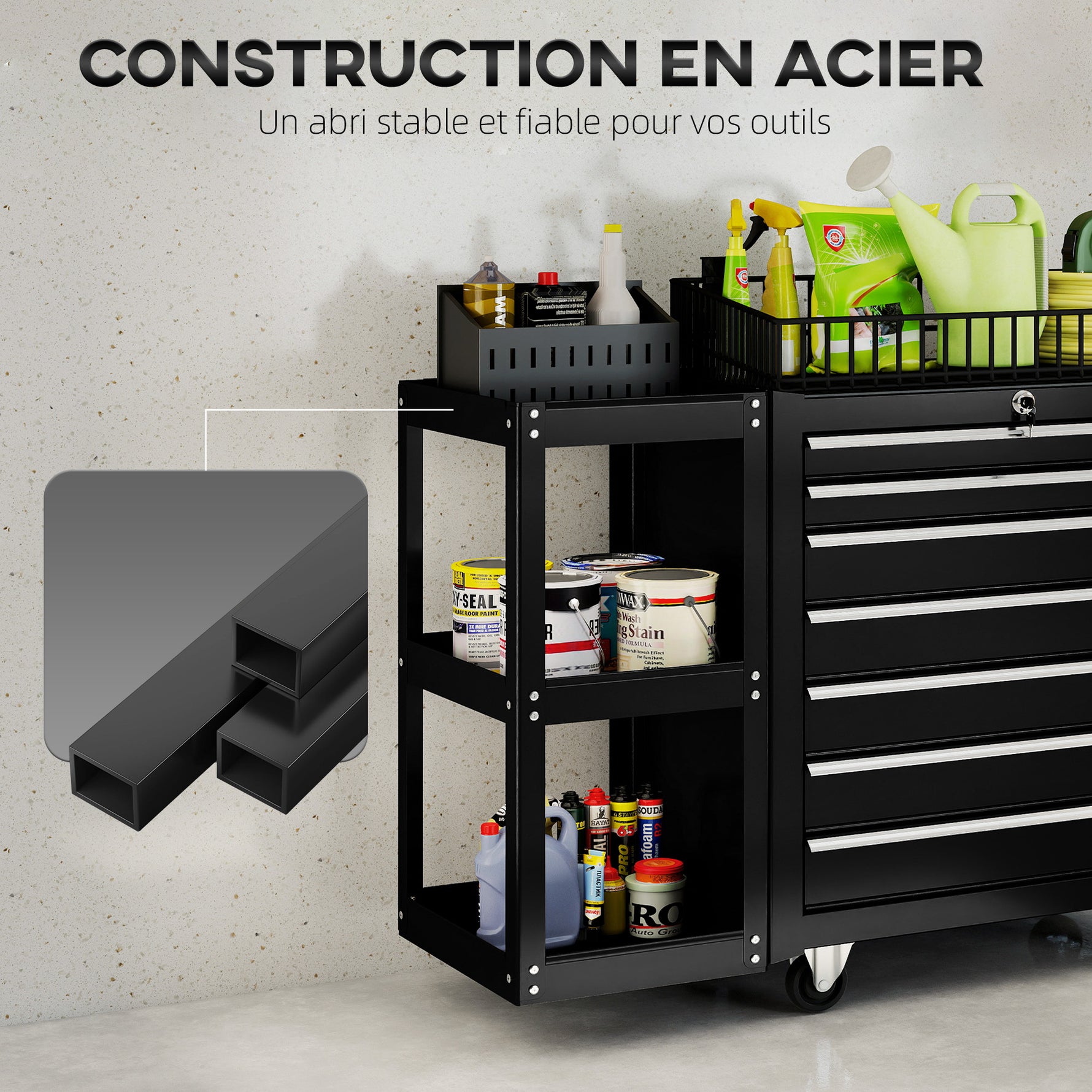 Servante d'Atelier en Acier à 7 Tiroirs, Chariot à Outils sur Roulettes avec Étagère Latérale Amovible, Noir