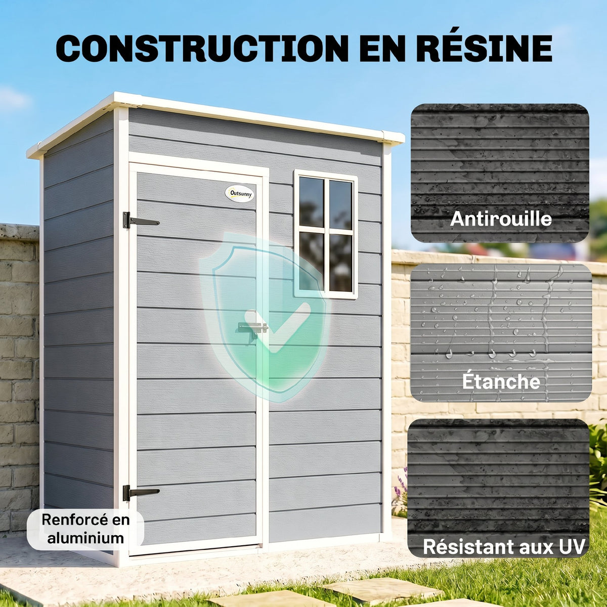 Abri de jardin 1,14 m² pour outils - porte verrouillable, aération et fenêtre - dim. 151L x 92l x 193H cm  - plastique, gris