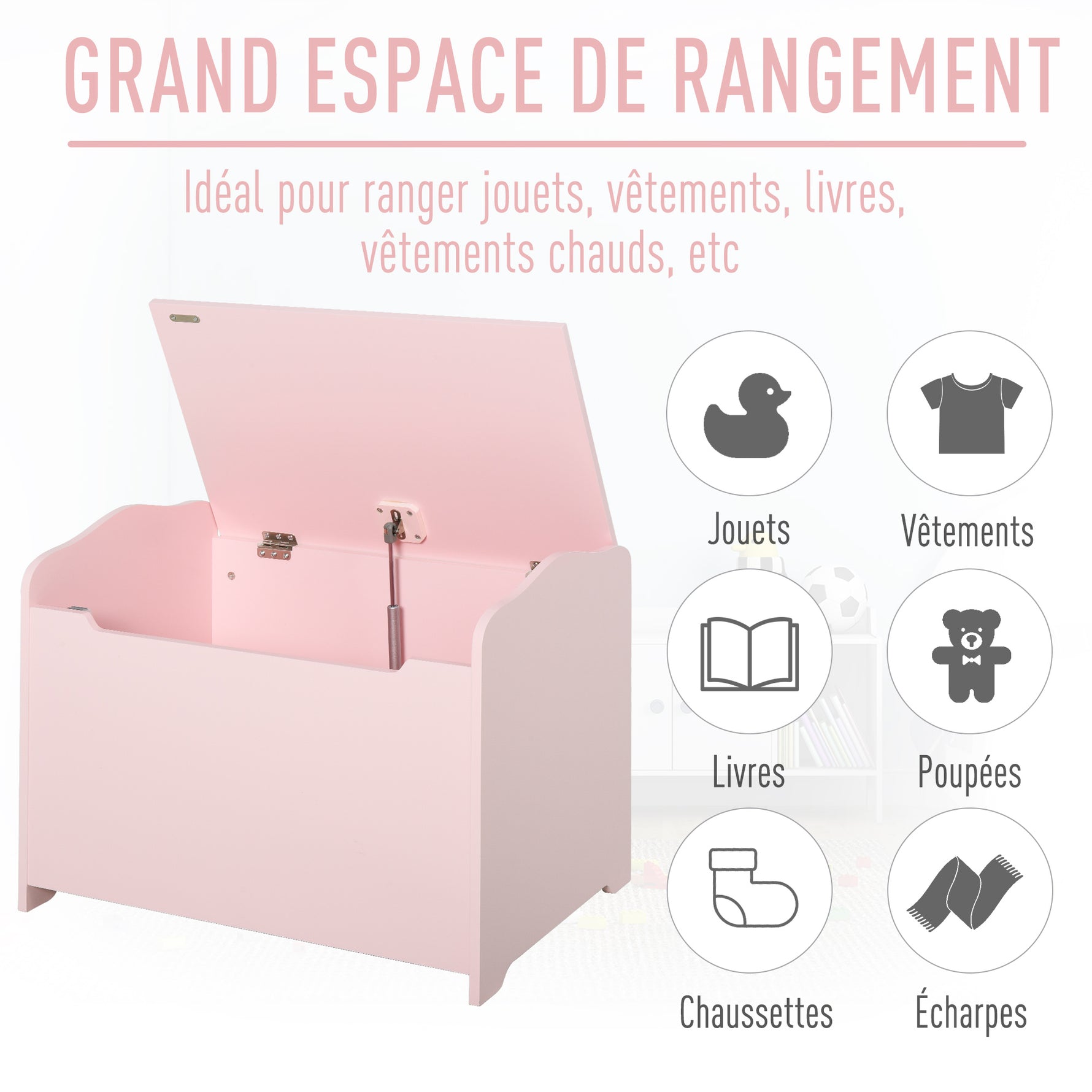 Coffres à Jouets pour Enfants Boîte à Jouets Malle de Rangement Dim. 60L x 40l x 48H cm Vérin Pneumatique MDF Rose