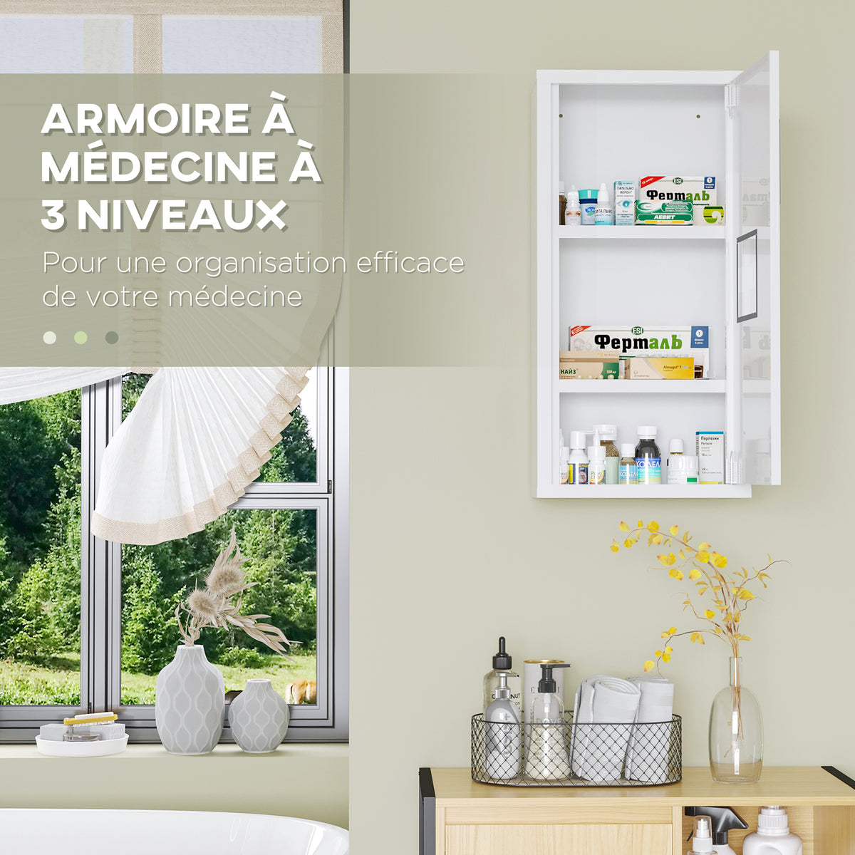 Armoire à pharmacie murale 2 étagères 3 niveaux avec porte aimantée métal 30 x 12 x 60 cm blanc
