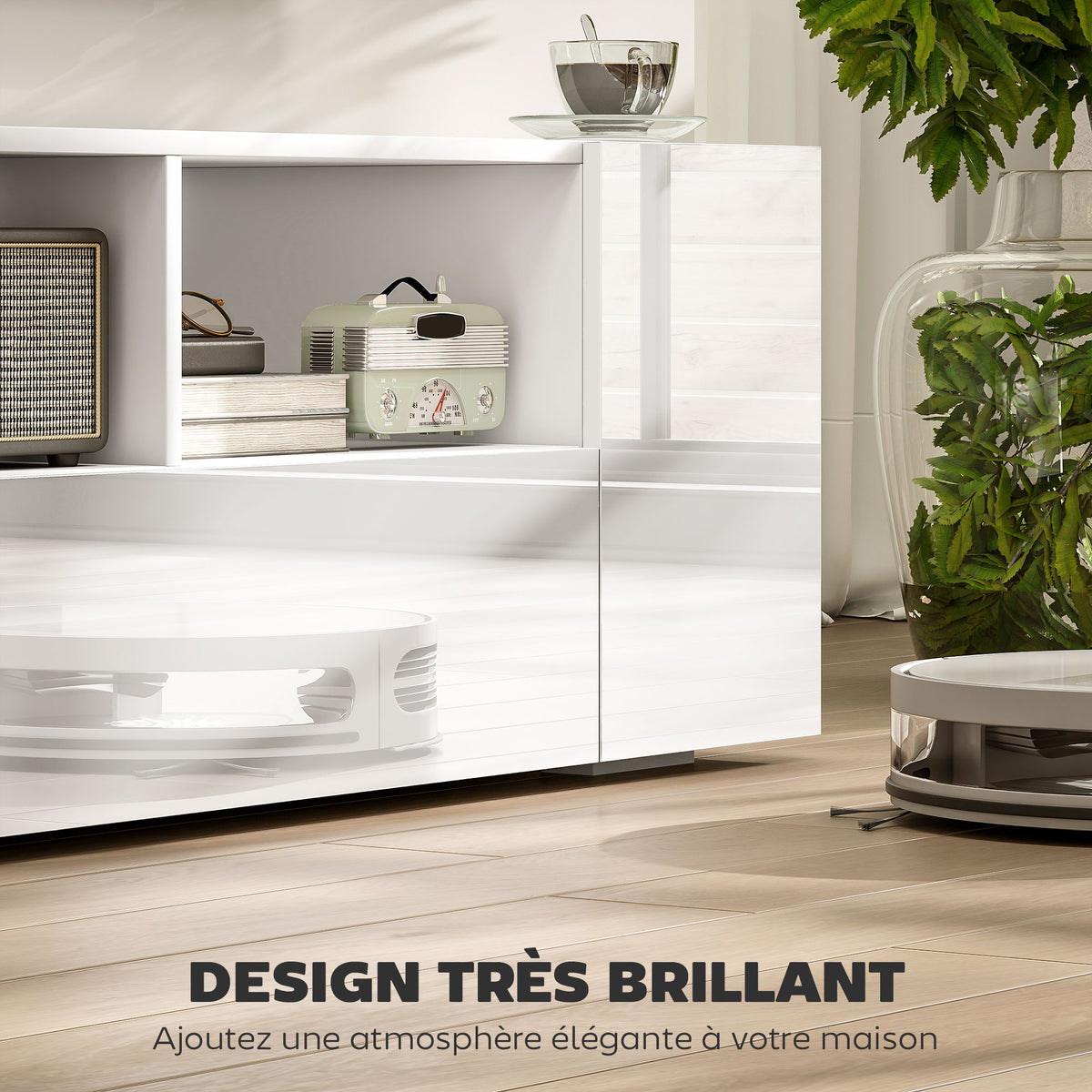 Meuble TV, banc TV, meuble de télévision, jusqu'à 60 pouces, avec lumières LED, 2 étagères et placards, panneau de porte brillant, 137 x 35 x 42 cm, blanc