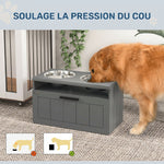 Gamelle Chien Surélevée avec Bols Anti-Glouton & Eau en Acier Inoxydable, Tiroir de Rangement, 60x30x35cm, Gris