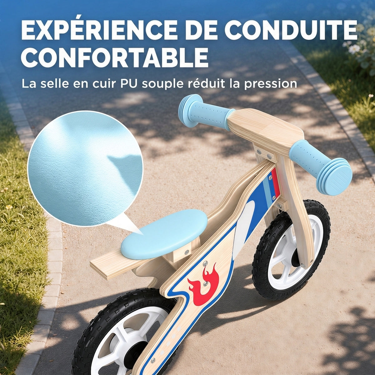 Draisienne Enfants Vélo Bébé sans Pédales avec Selle Réglable en PU, pour 3-5 Ans Jusqu'à 50 kg, Bois Naturel